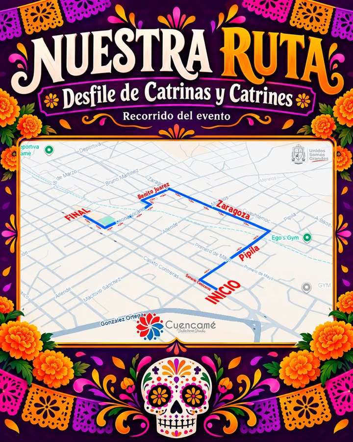 🏵️Éste es el recorrido de nuestro Desfile de Catrinas y catrines.🌻🤍 ¡Acompáñanos! ⬇️ Inici...